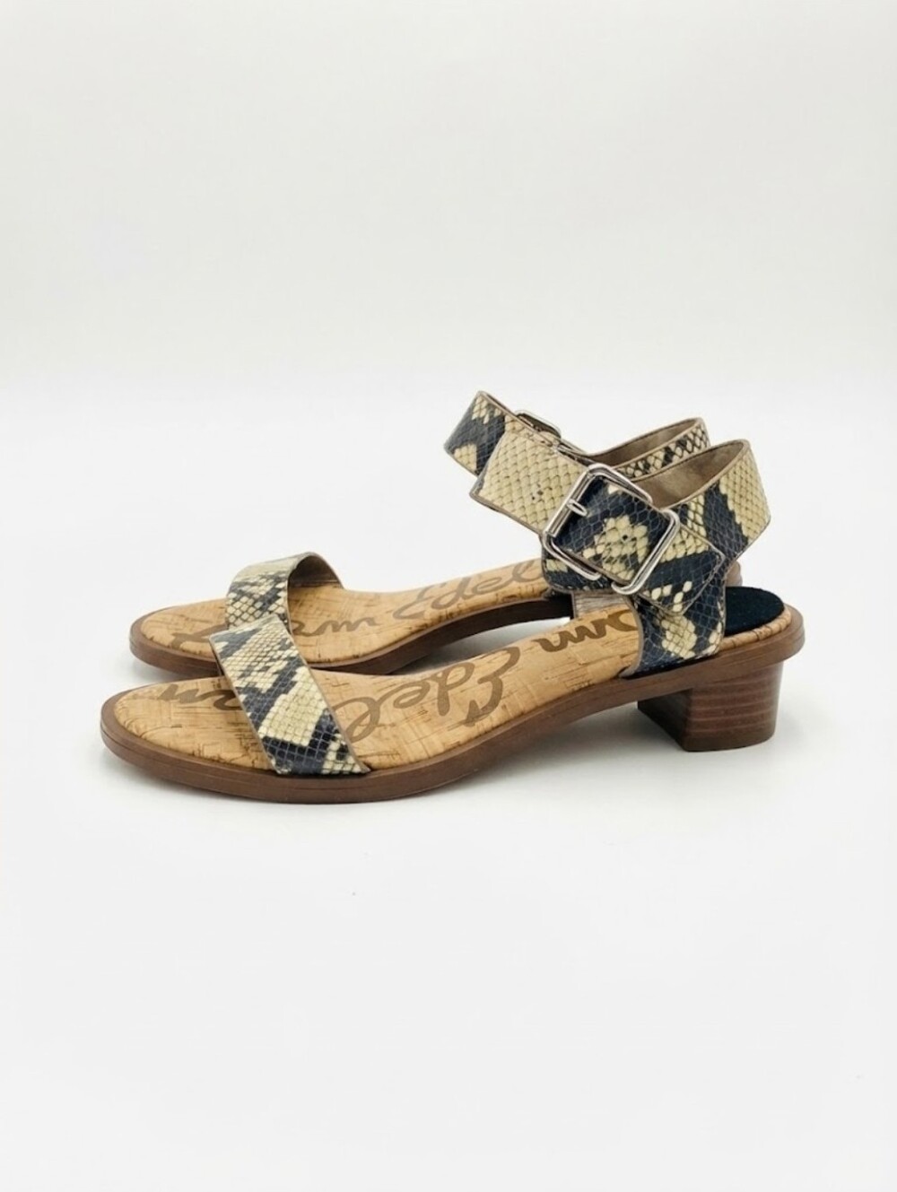 Sam Edelman Beige and Black Snake-Print Low Block Heel Sandals Size 6